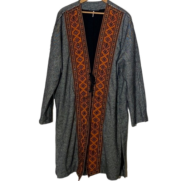 FREE PEOPLE Nomad Tweed Duster Wool Coat Long Jacket Lined Embroidered Boho Chic - Picture 10 of 13